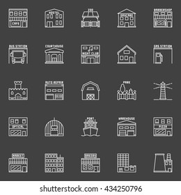 Building linear icons - vector set of castle, market, bakery, port, warehouse and other city buildings. Outline signs for maps or services on dark background