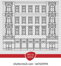 Building lines contour facade with shop floor windows showcase on transparency design, cityscape street panorama. vector illustration high resolution