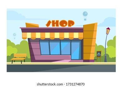 The building of the local market against the background of trees and sky. Cartoon vector illustration