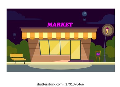The building of the local market against the background of trees and sky. Cartoon vector illustration