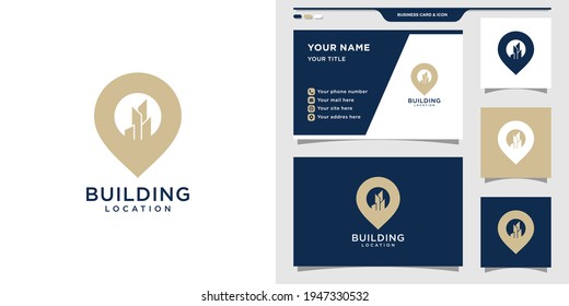 Building location logo design with pin concept. Logo and business card design. Premium Vector