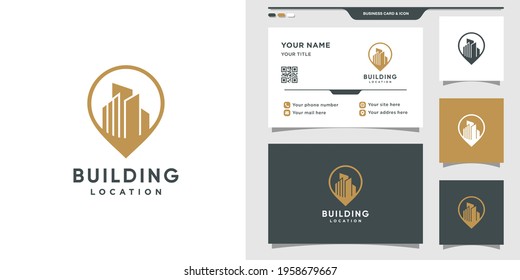 Building location logo design with pin concept. Logo and business card design. Premium Vector