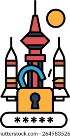 A building with a lock on it and a keyhole. The lock is red and blue. The building is surrounded by rockets