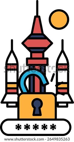 A building with a lock on it and a keyhole. The lock is red and blue. The building is surrounded by rockets