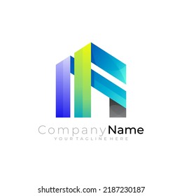 Logo de construcción y diseño 3d colorido, plantilla de icono de la casa