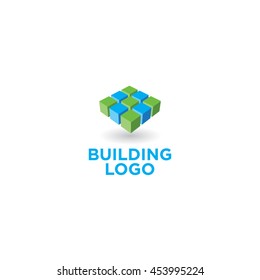 Building logo. Blue and green cubes. 3D icon.