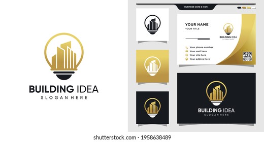 Building logo with bulb lamp concept and business card design. Inspiration logo for construction Premium Vector