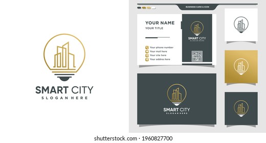 Building logo with bulb lamp concept and business card design Premium Vector
