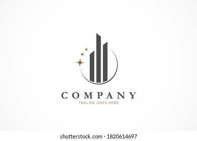 Building logo, circle and star combination with buidling icon inside, Flat Logo Design Template, vector illustration