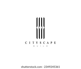 Logo de la construcción. El diseño del logotipo de paisajes urbanos, arquitectura, construcción, inmueble, residencia, complejo de apartamentos, rascacielos y paisajes urbanos.