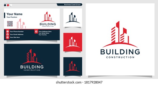 Building logo with cool modern style and business card design template Premium Vector