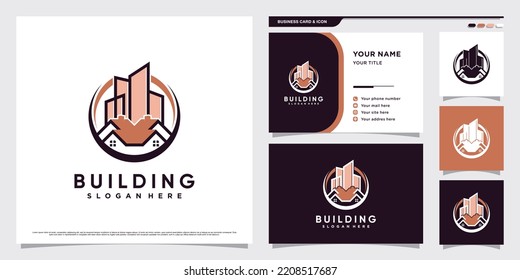 Building logo design illustration for construction with creative element and business card template