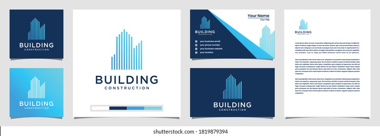 Diseño de logotipo de construcción con concepto de línea. resumen de construcción de ciudades para inspiración de diseño de logotipos. diseño de logotipo tarjeta de visita y membrete