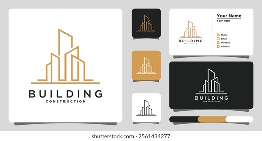 Building logo design with line style and business card
