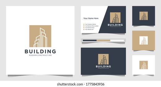 Diseño del logo de construcción con concepto moderno. abstracto de construcción de edificios urbanos para la inspiración de diseño de logotipos. diseño de logotipo y tarjeta de visita Premium Vector