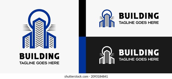 building logo design template in fancy lines, sun or moon icon and cloud icon. creative logo for building, construction, hotel, apartment, architect or housing. vector illustration