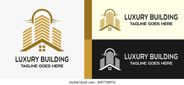 Plantilla de diseño de logotipo de construcción, icono de construcción, icono de casa y sol o luna en estilo de lujo. logotipo creativo para construcción, construcción, hotel, apartamento, arquitecto o vivienda. ilustración vectorial
