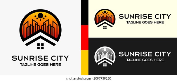 Building logo design template, building icon, house icon and sun in a circle. creative logo for building, construction, hotel, apartment, architect or housing. vector illustration