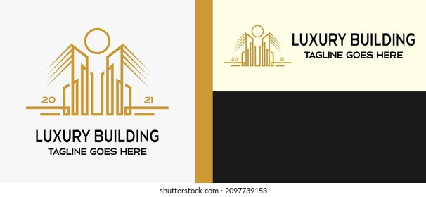 Plantilla de diseño de logotipo de construcción, icono de construcción y sol o luna en líneas elegantes. logotipo creativo para construcción, construcción, hotel, apartamento, arquitecto o vivienda. ilustración vectorial