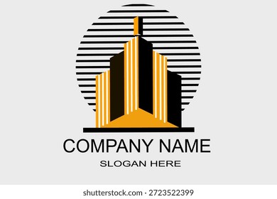 building logo design Tower City Building Icon Yellow building, black color, circle with black stripes.