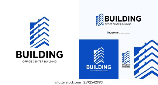 Building logo design, Wide angle view of steel high rise building, Construction logo icon design, Apartment logo symbol design, Usable logo sign for property, Architect, Hotel, Office center building.