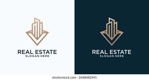 Building logo icon vector design with lineart monogram letter V.