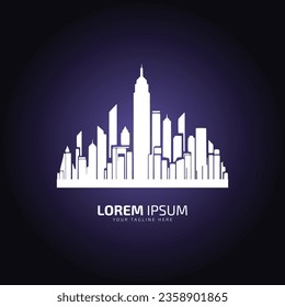 Gebäude mit Logo und Symbol, Vektorbau, Silhouette einzeln auf blauem Hintergrund