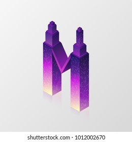 Building logo isometric. Skyscraper night light style concept created by vector in purple color tone. Can be used for corporate identity, website banner, mobile app and printing. 