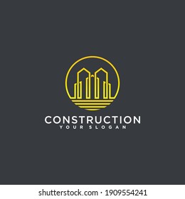 Logo de construcción con estilo de arte de línea circular moderno para la empresa Premium Vector
