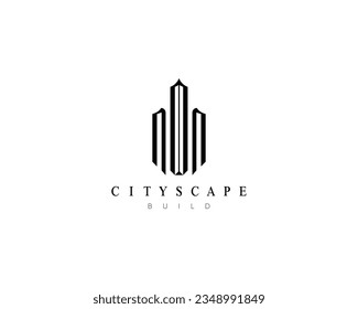 Logo de la construcción. Paisaje urbano moderno, rascacielos, arquitectura, construcción y símbolo de vector de la línea aérea de la ciudad.