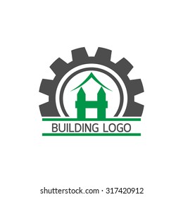 building logo on white background : green house in cog gear icon vector: Industrial concept.