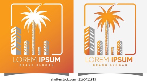 Building logo with palm tree creative modern syle Premium Vector 