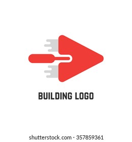 building logo with red trowel. concept of implement, workshop, household, create, major overhaul, roughcast, spatula, mason. isolated on white background. flat style modern design vector illustration