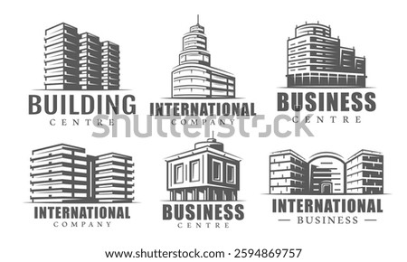 Building logo set isolated on white background. Collection icon real estate, business centre, office. Outline hotel, bank, shop, city, hospital symbol. Vector illustration