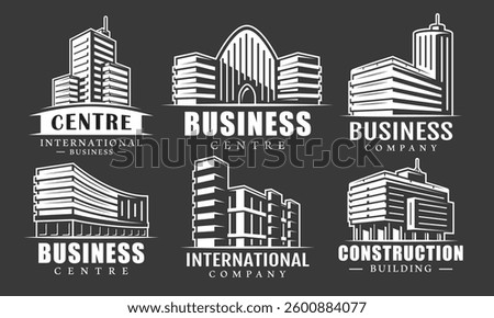 Building logo set isolated on black background. Collection icon real estate, business centre, office. Outline hotel, bank, shop, city, hospital symbol. Vector illustration