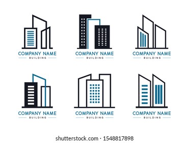Building logo set on white background, Black and blue brand business company vector collection, Creative identity construction idea, Modern real graphic architecture design