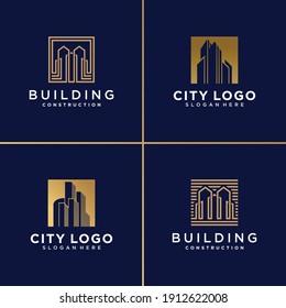 Plantilla de logotipo de construcción con concepto moderno, estilo de gradiente dorado. Vector Premium