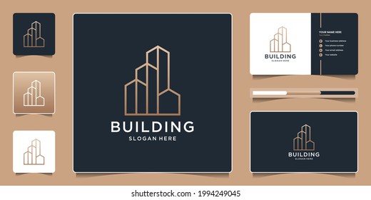 Building logo with unique line art style and business card template