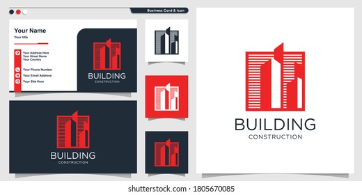 Building logo with unique style and business card design template, construction, Premium Vector