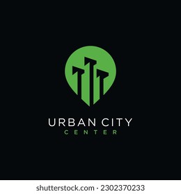 Ilustración del diseño del vector del logotipo de construcción con el concepto de pin moderno