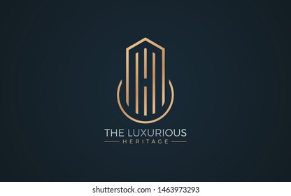 Building logos are formed with geometric lines in luxurious gold and silver color