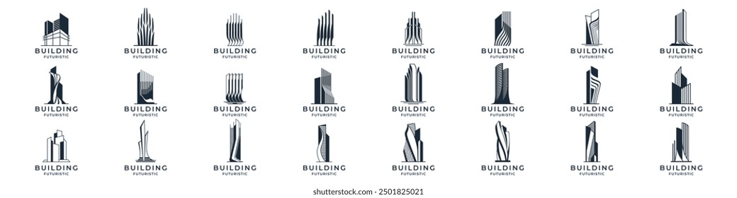 Conjunto de Vector de logotipos de edificios. colección de letreros de ilustración de apartamentos. símbolo de rascacielos. diseño futurista de logotipo arquitectónico.