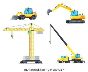 Conjunto de iconos de máquinas de construcción. Colección de equipos de construcción aislados en blanco. Grúa torre, camión grúa, excavadora, topadora. Máquina de construcción de casas. Equipo industrial. Ilustración vectorial plana