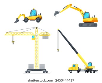 Conjunto de iconos de máquinas de construcción. Colección de equipos de construcción aislada en blanco. Grúa torre, camión grúa, excavadora, topadora. Máquina de construcción de casas. Equipo de Industrial. Ilustración vectorial plana