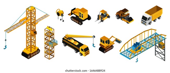 Building machines in isometric style, set of isolated vehicles, vector illustration. Heavy machinery industrial construction, building crane, bulldozer, excavator and forklift. Construction industry