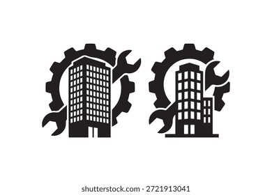 Building maintenance and engineering silhouette icon - Industrial skyscraper construction and repair service graphic