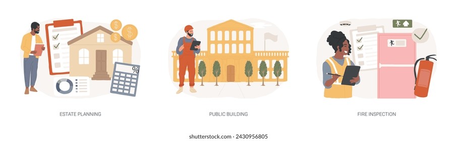 Building maintenance isolated concept vector illustration set. Estate planning, public building, fire inspection, modern design, attorney advise, certification and requirements vector concept.