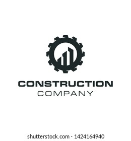 Building maintenance logo design template vector, modern abstract building inside gear shape