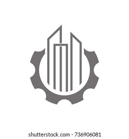 Building maintenance logo design template vector, modern abstract building inside gear shape