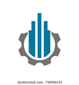 Building maintenance logo design template vector, modern abstract building inside gear shape
